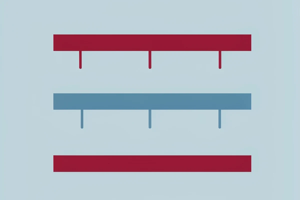 Three horizontal measurement rules stacked one above another with short tick marks below them, in crimson and steel blue on a cool light background