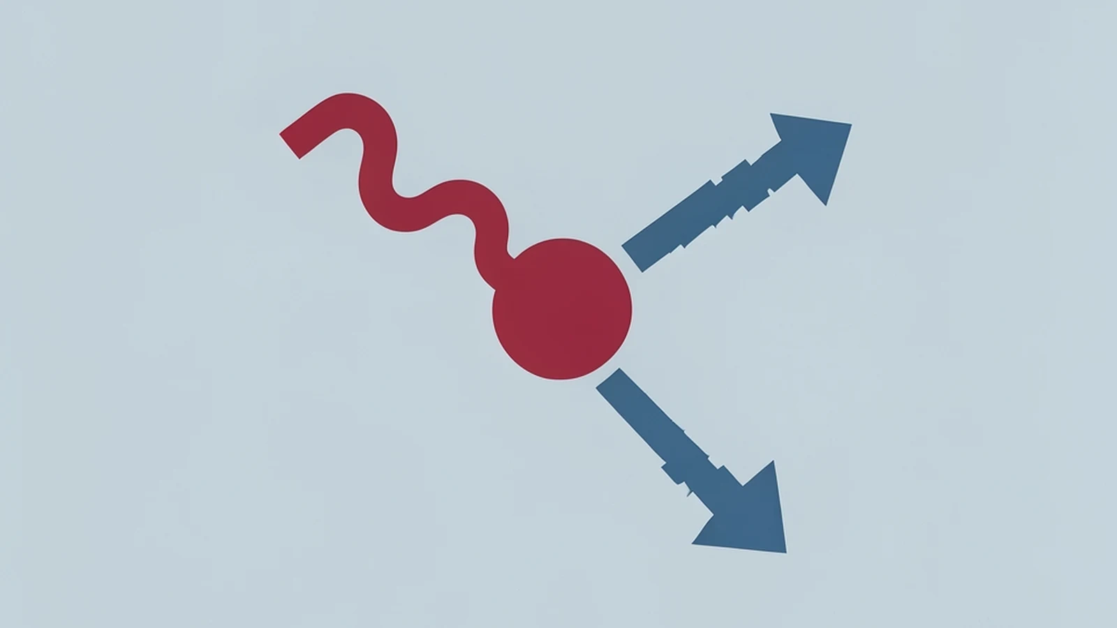 A diagram with two distinct arrows pointing at a single price marker, one wavy and one stepped, representing two separate causes